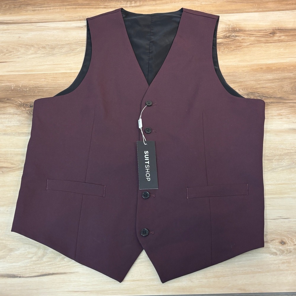 SUITSHOP Vest Mens 40 Tall Burgundy Waistcoat Purple V Neck Button Formal